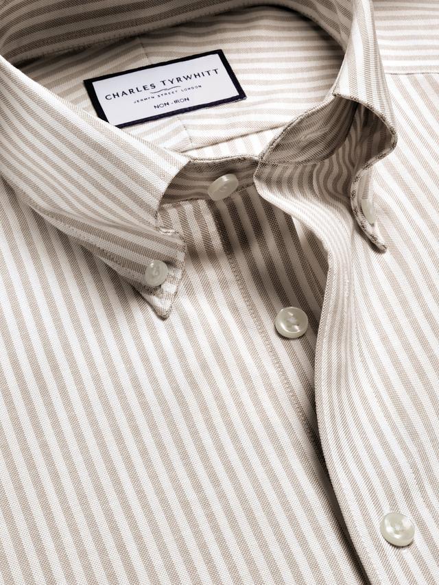 Non-Iron Stretch Oxford Stripe Slim Fit Shirt - Taupe