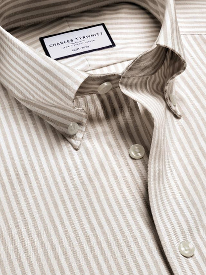 Non-Iron Stretch Oxford Stripe Slim Fit Shirt - Taupe