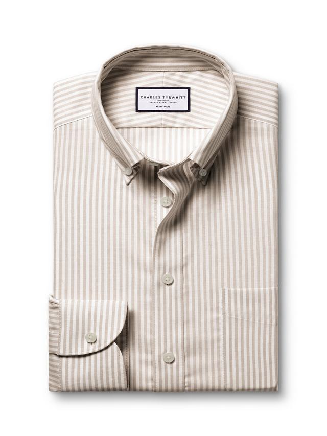 Non-Iron Stretch Oxford Stripe Slim Fit Shirt - Taupe