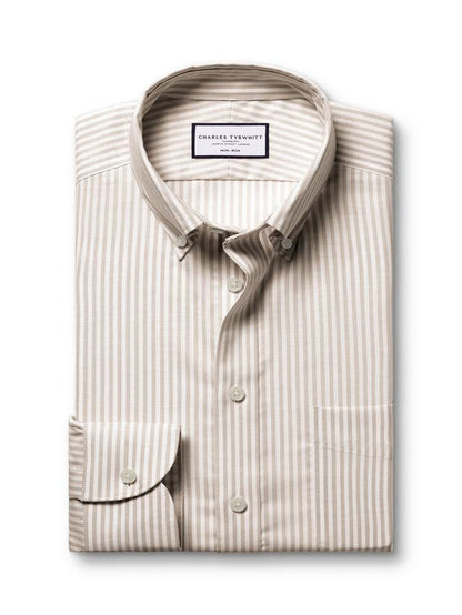 Non-Iron Stretch Oxford Stripe Slim Fit Shirt - Taupe