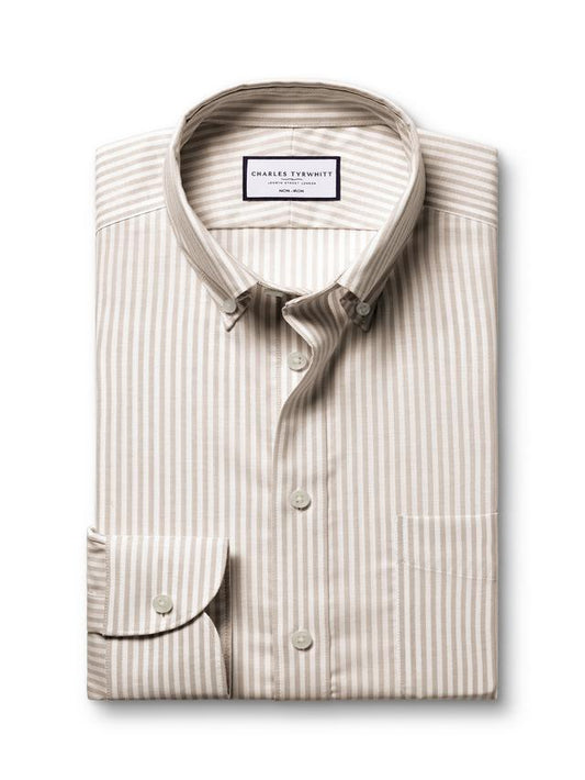Non-Iron Stretch Oxford Stripe Slim Fit Shirt - Taupe