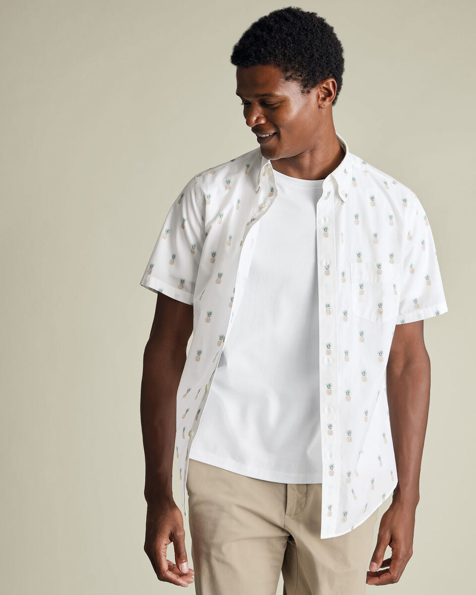 Short Sleeve Poplin Pineapple Print Classic Fit Shirt
