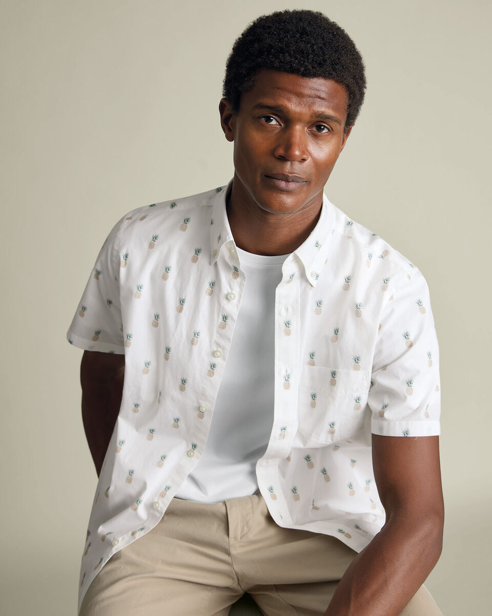 Short Sleeve Poplin Pineapple Print Classic Fit Shirt