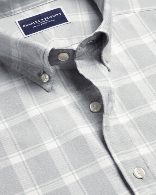 Brushed Flannel Check Slim Fit Shirt - Light Grey