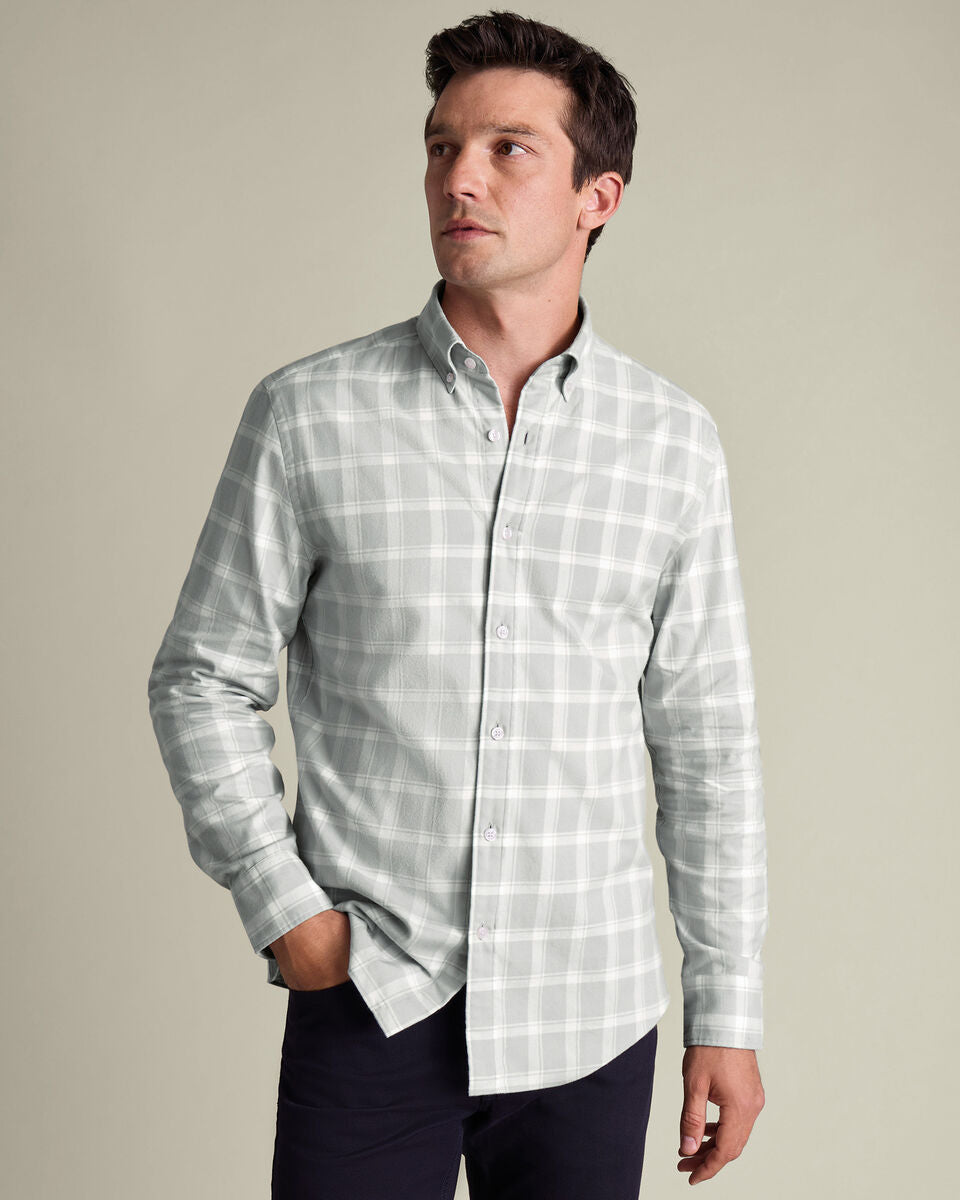 Brushed Flannel Check Slim Fit Shirt - Light Grey