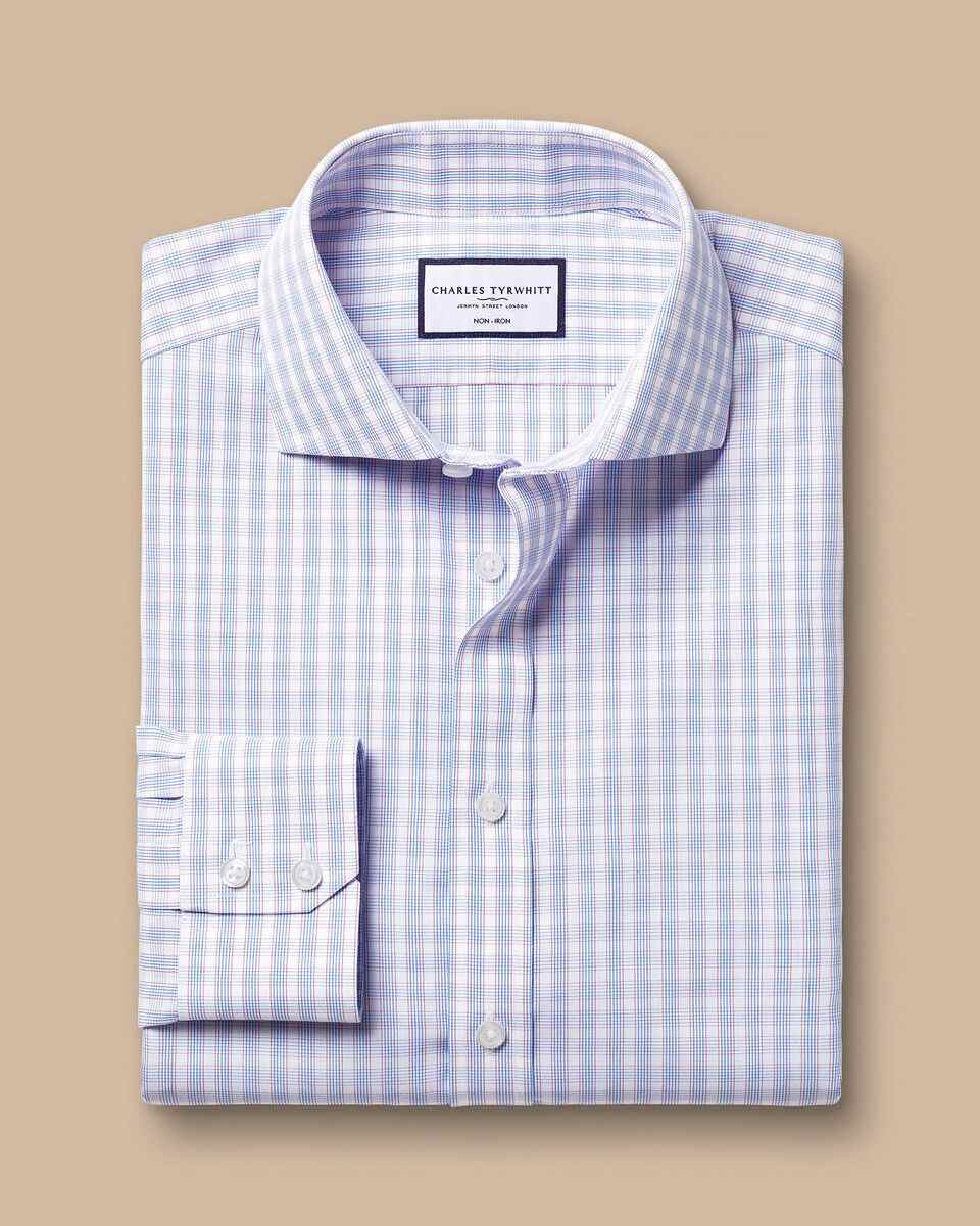 Cutaway Collar Non-Iron Poplin Multi Check Shirt - Cornflower Blue