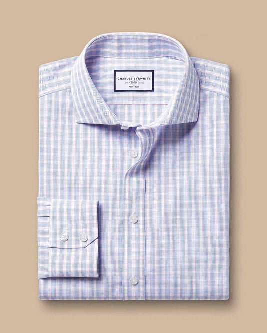 Cutaway Collar Non-Iron Poplin Multi Check Shirt - Cornflower Blue