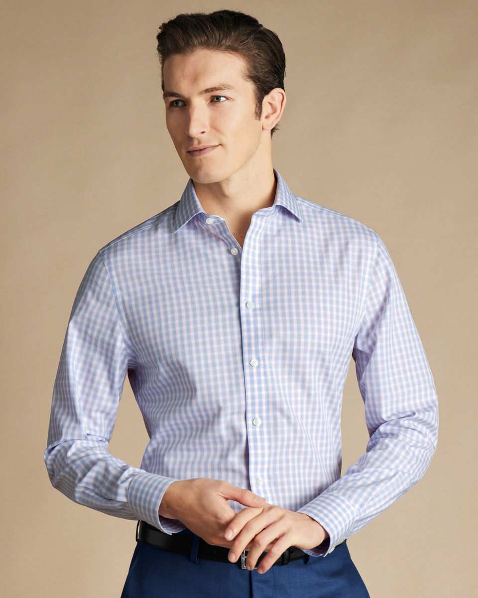 Cutaway Collar Non-Iron Poplin Multi Check Shirt - Cornflower Blue