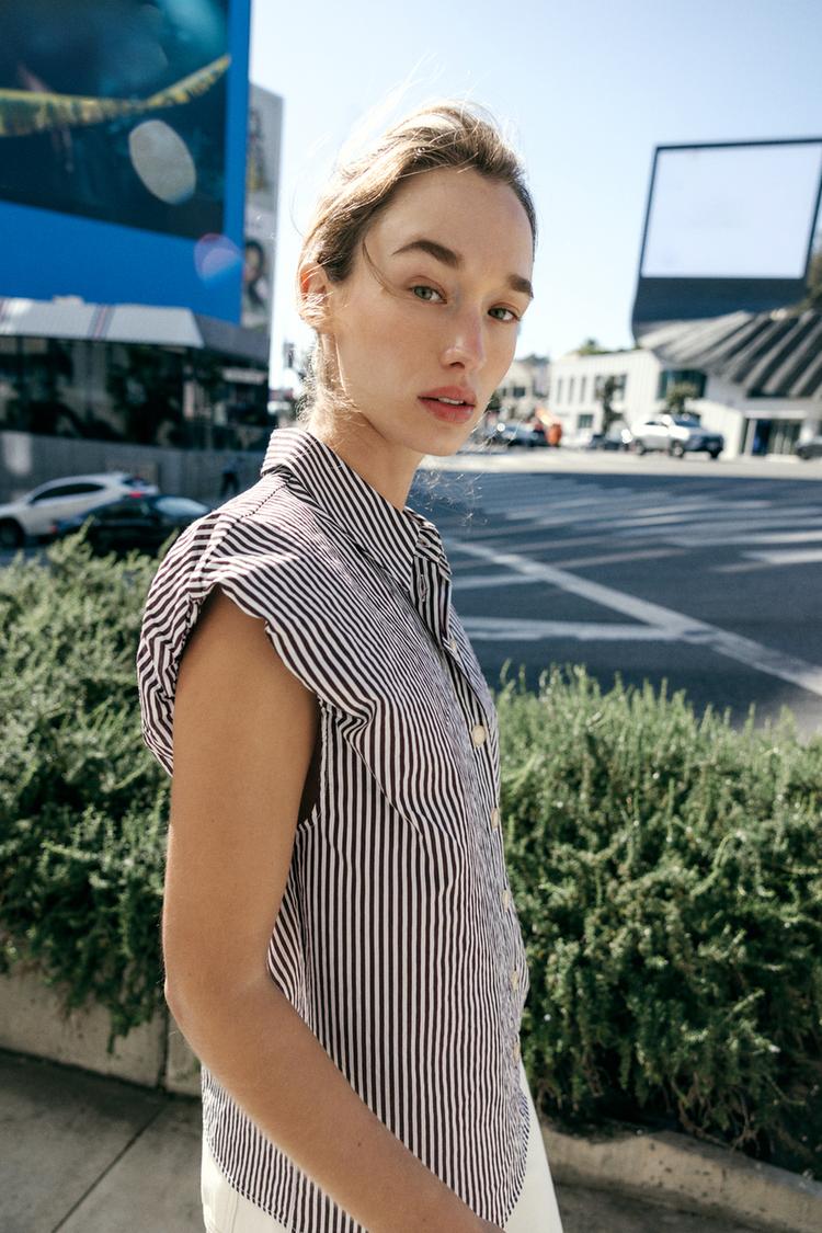 Brown Striped Puff Sleeve Shirt