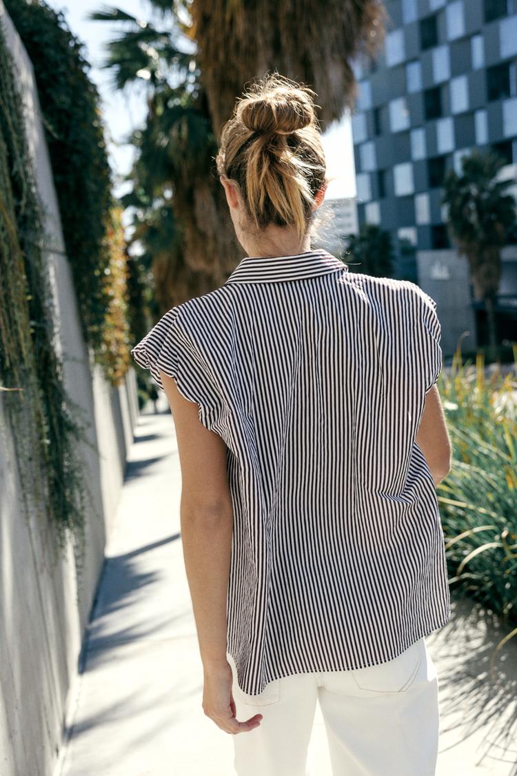 Brown Striped Puff Sleeve Shirt