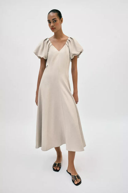Linen Blend Puff Sleeve Midi Dress