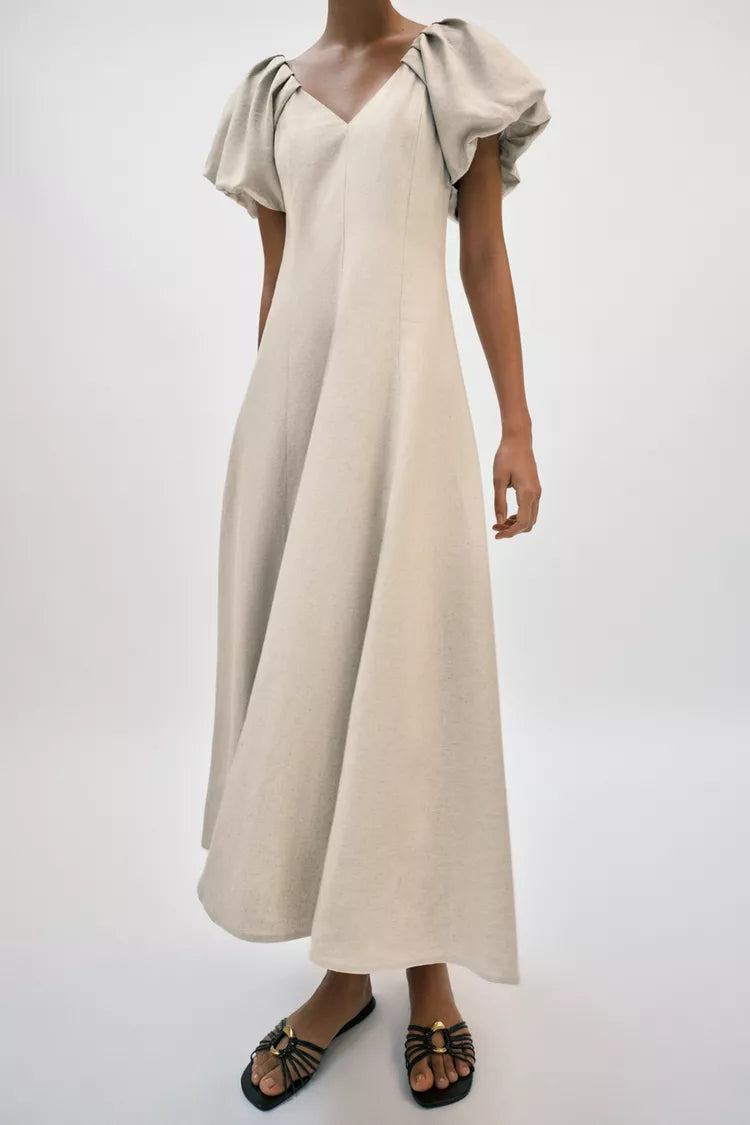 Linen Blend Puff Sleeve Midi Dress