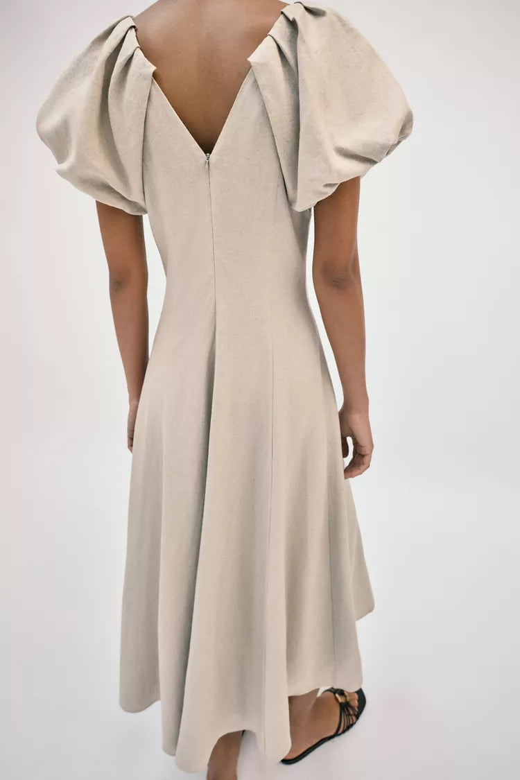 Linen Blend Puff Sleeve Midi Dress