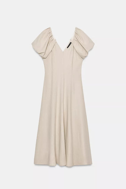 Linen Blend Puff Sleeve Midi Dress