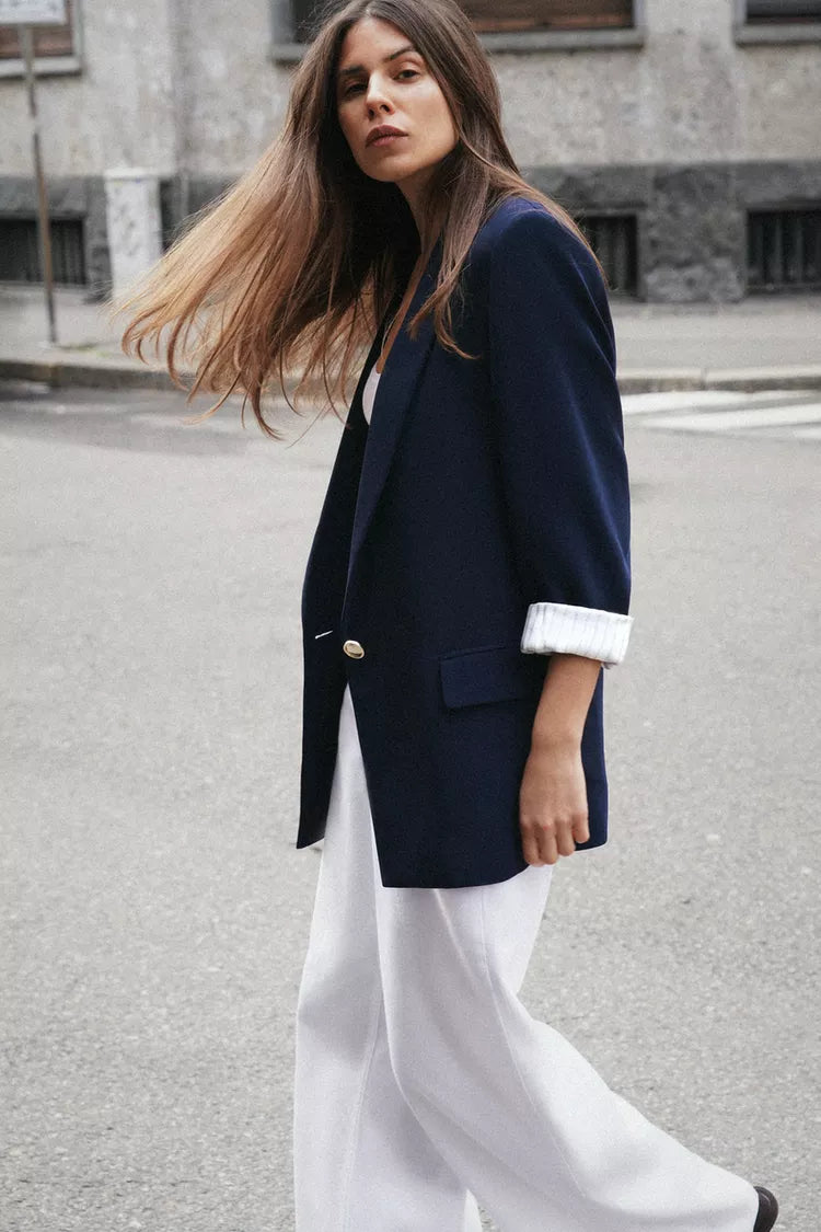 Printed Cuff Blazer with Rolled-Up Sleeves- Navy Blue