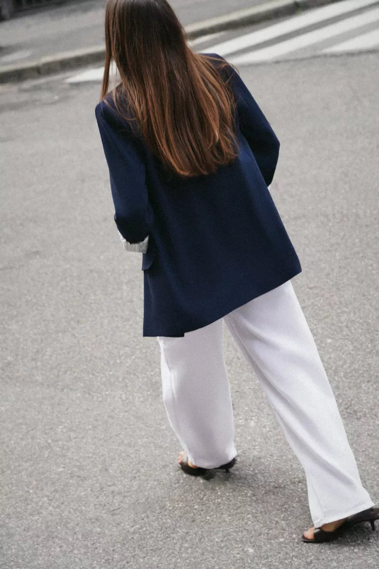 Printed Cuff Blazer with Rolled-Up Sleeves- Navy Blue