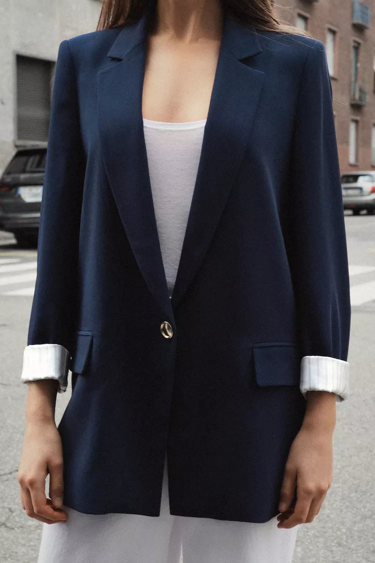 Printed Cuff Blazer with Rolled-Up Sleeves- Navy Blue