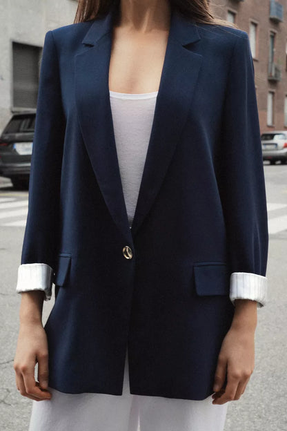 Printed Cuff Blazer with Rolled-Up Sleeves- Navy Blue