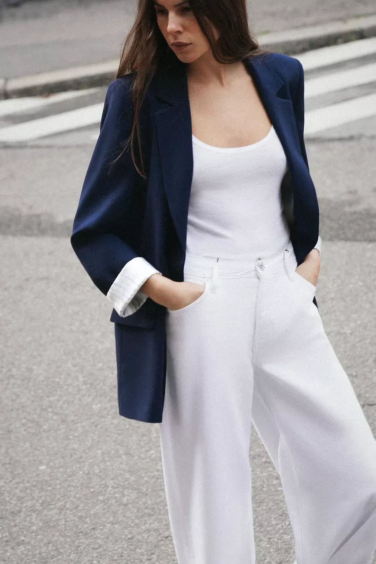 Printed Cuff Blazer with Rolled-Up Sleeves- Navy Blue