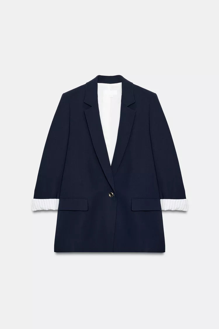 Printed Cuff Blazer with Rolled-Up Sleeves- Navy Blue