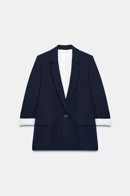 Printed Cuff Blazer with Rolled-Up Sleeves- Navy Blue