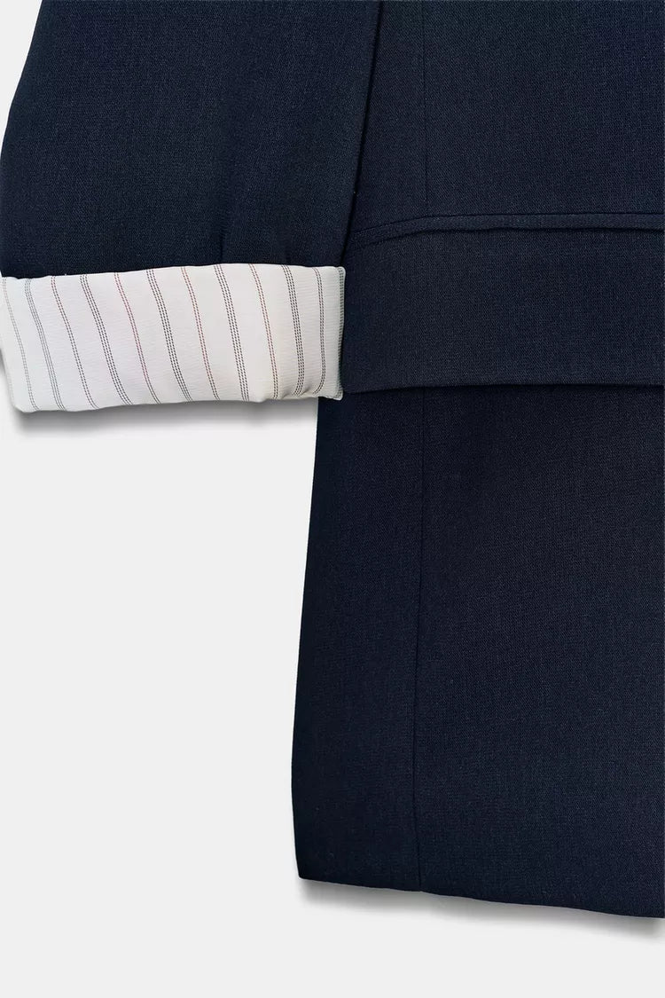 Printed Cuff Blazer with Rolled-Up Sleeves- Navy Blue