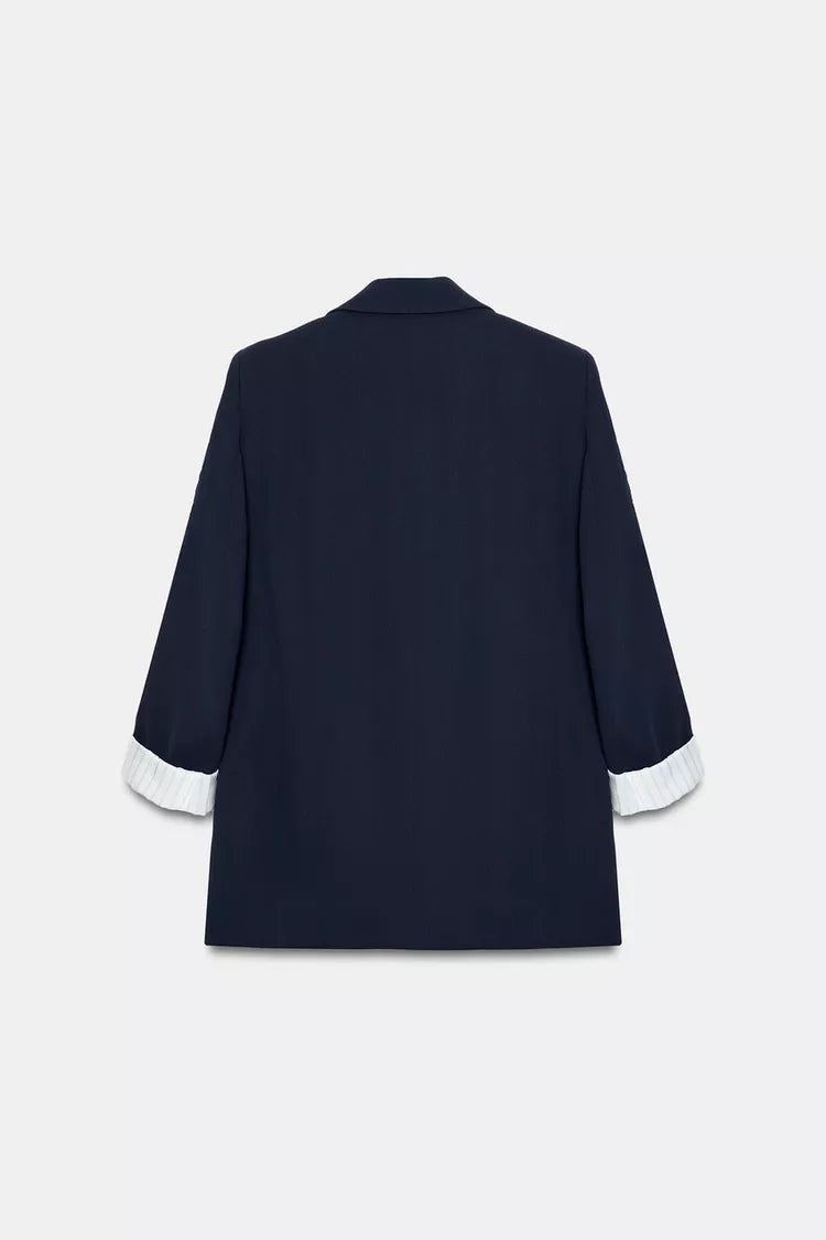 Printed Cuff Blazer with Rolled-Up Sleeves- Navy Blue