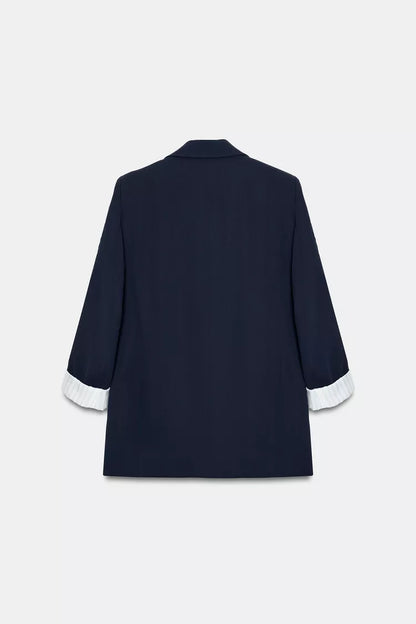 Printed Cuff Blazer with Rolled-Up Sleeves- Navy Blue