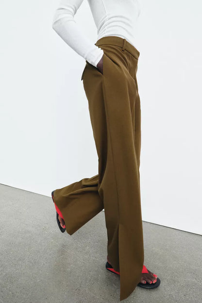 Vented Straight Leg Pants- Khaki