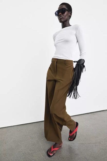 Vented Straight Leg Pants- Khaki