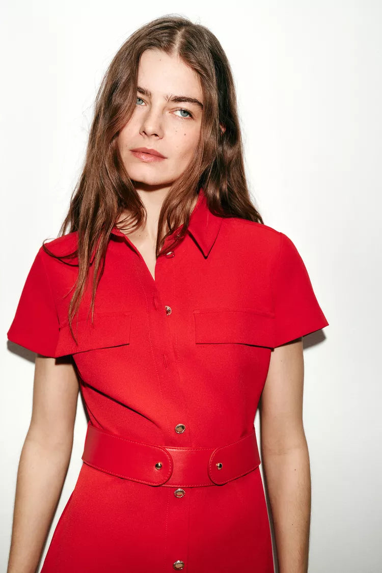 Belted Midi Dress-Red