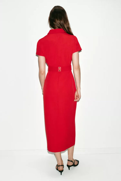 Belted Midi Dress-Red