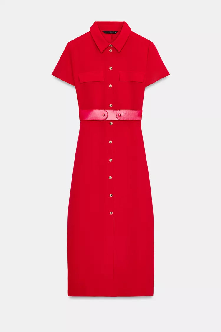 Belted Midi Dress-Red