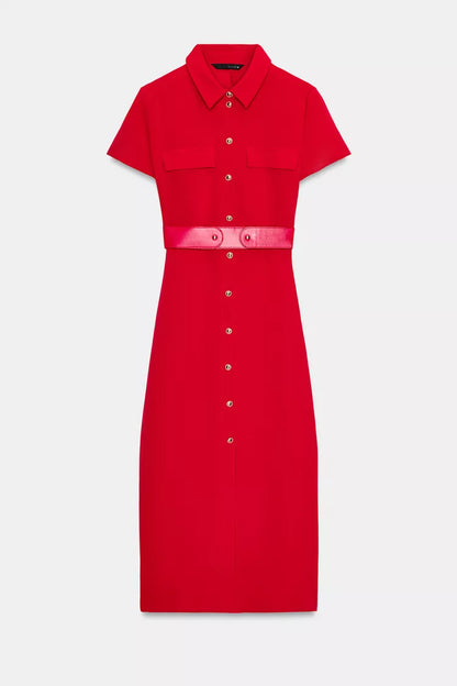 Belted Midi Dress-Red