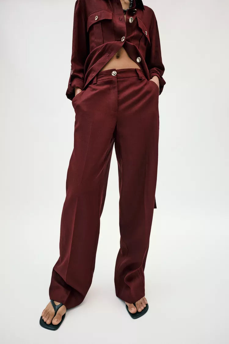 Straight-Leg Linen Blend Trouser- Burgundy