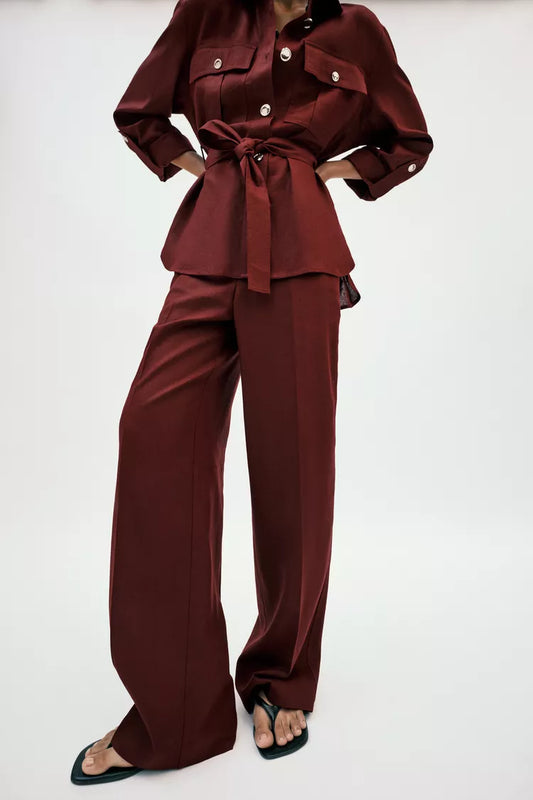 Straight-Leg Linen Blend Trouser- Burgundy