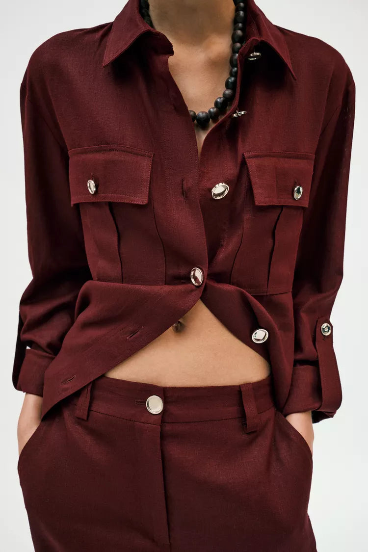 Straight-Leg Linen Blend Trouser- Burgundy