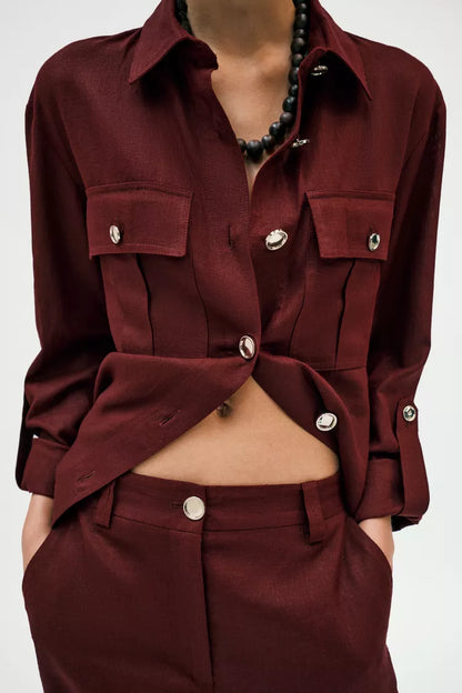 Straight-Leg Linen Blend Trouser- Burgundy