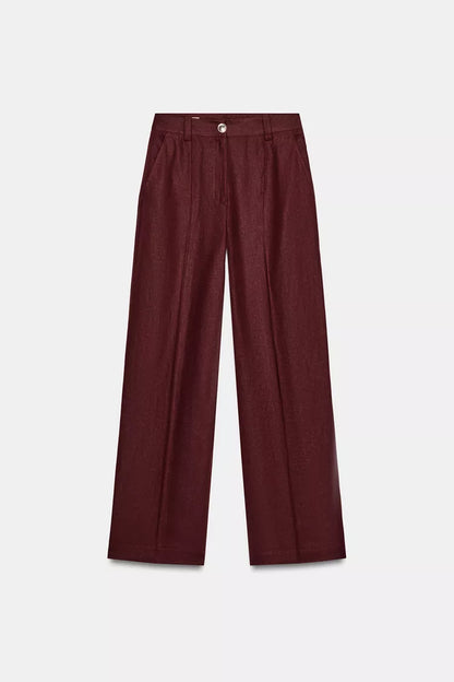 Straight-Leg Linen Blend Trouser- Burgundy