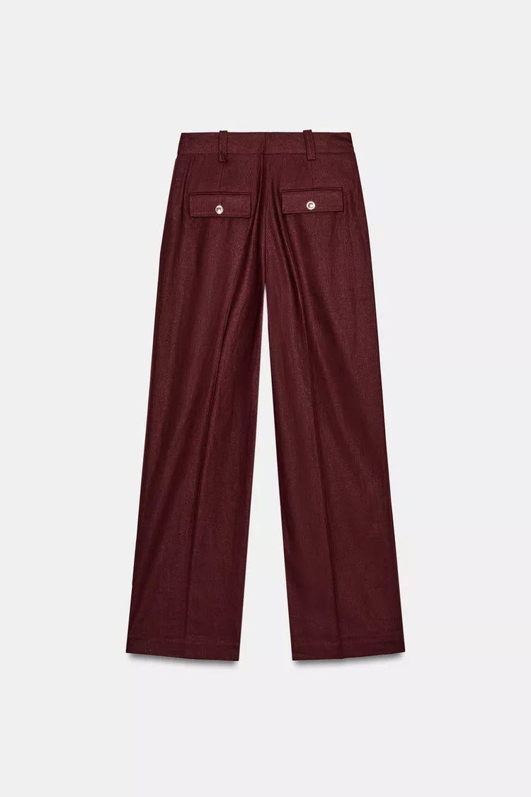 Straight-Leg Linen Blend Trouser- Burgundy