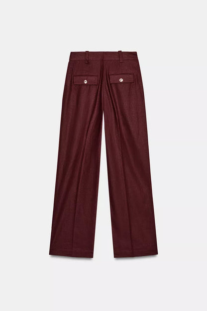 Straight-Leg Linen Blend Trouser- Burgundy