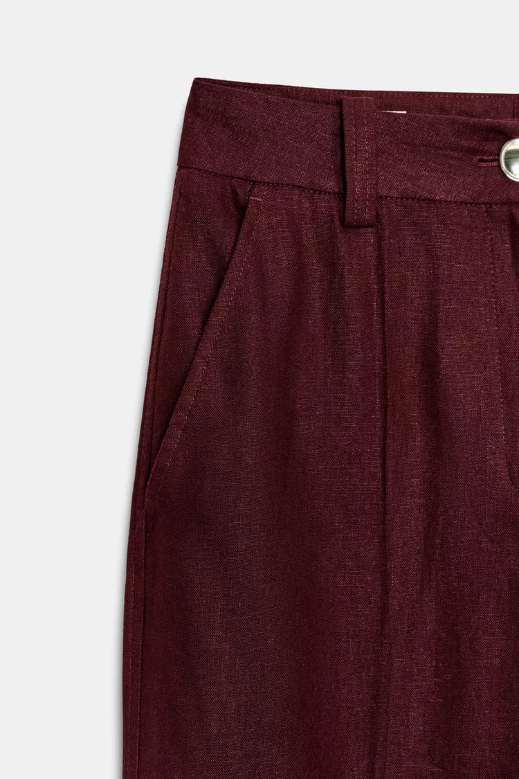 Straight-Leg Linen Blend Trouser- Burgundy