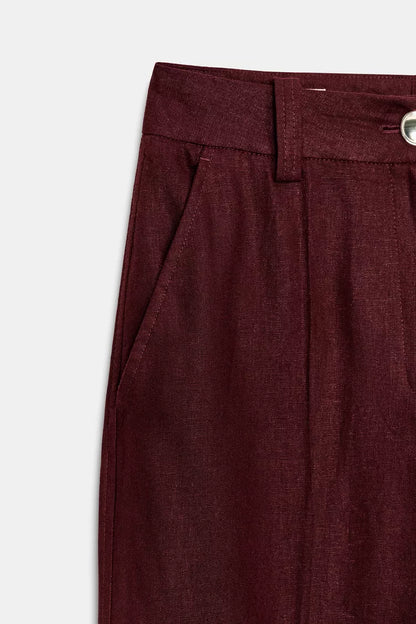 Straight-Leg Linen Blend Trouser- Burgundy