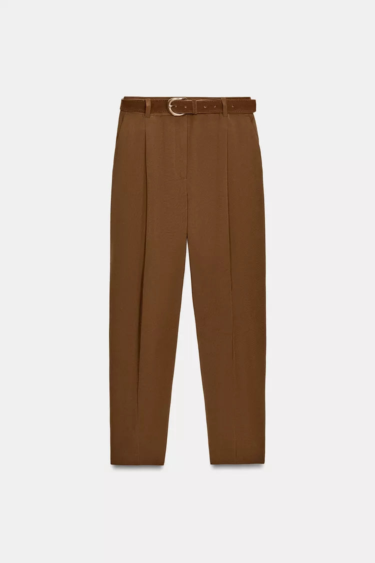 Pleated Trousers with Belt-Tobacco
