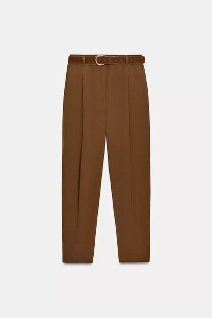 Pleated Trousers with Belt-Tobacco