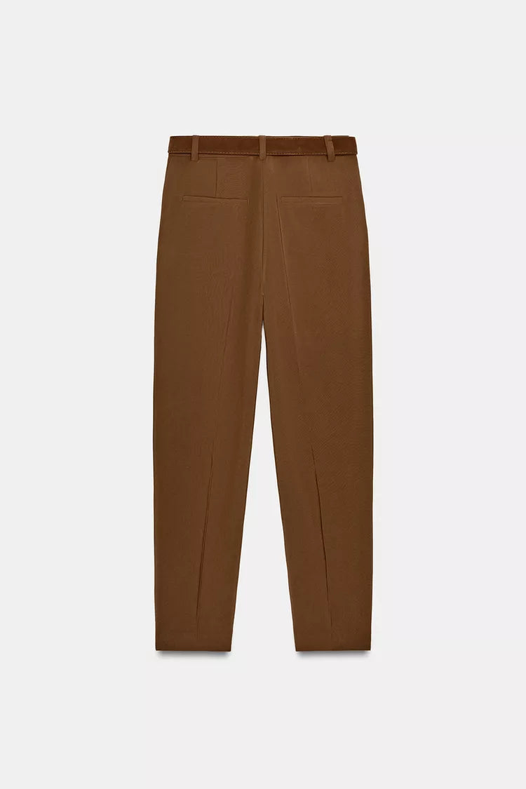 Pleated Trousers with Belt-Tobacco