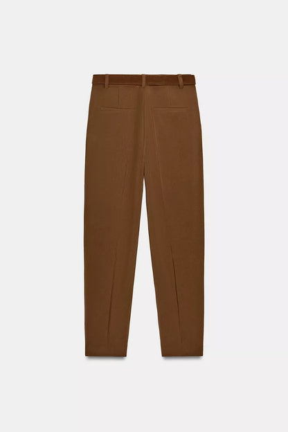 Pleated Trousers with Belt-Tobacco