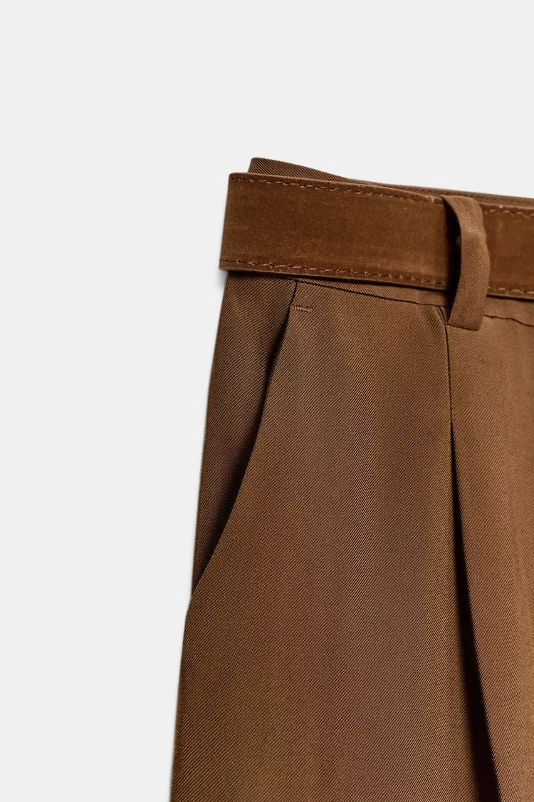 Pleated Trousers with Belt-Tobacco