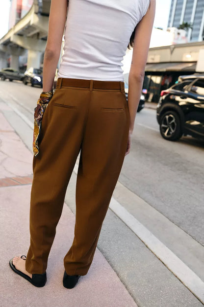 Pleated Trousers with Belt-Tobacco