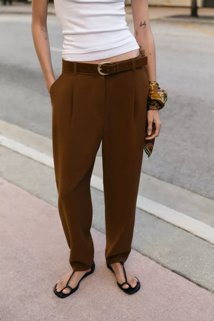 Pleated Trousers with Belt-Tobacco